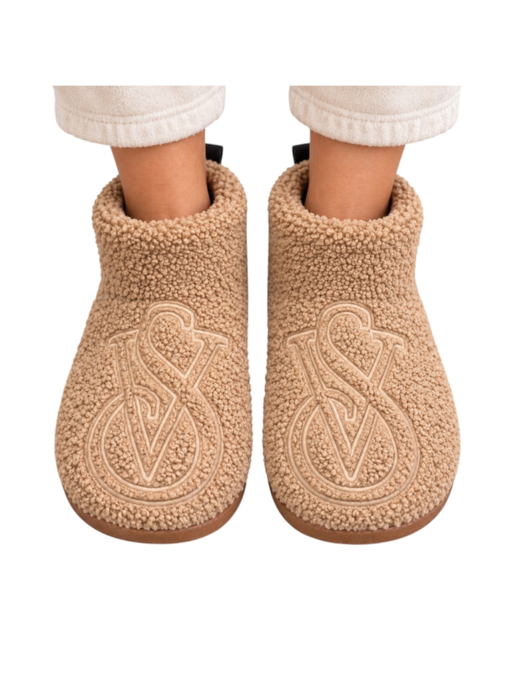Victoria’s Secret Sherpa Bootie Slippers Tan VS Monogram Medium 7–8